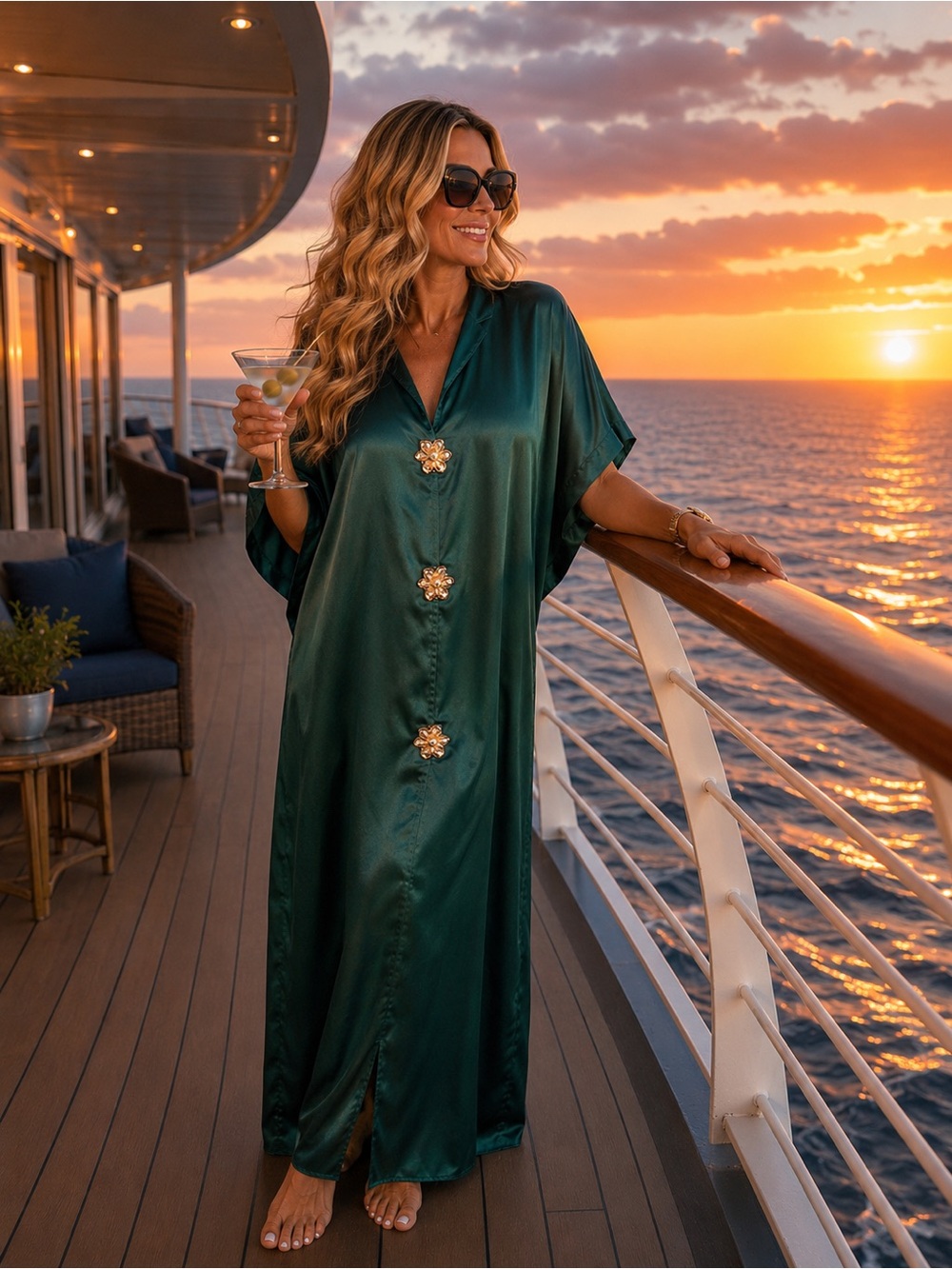 VINTAGE Vibes | Emerald Green Satin Kaftan | Exaggerated Metal Buttons | Maxi